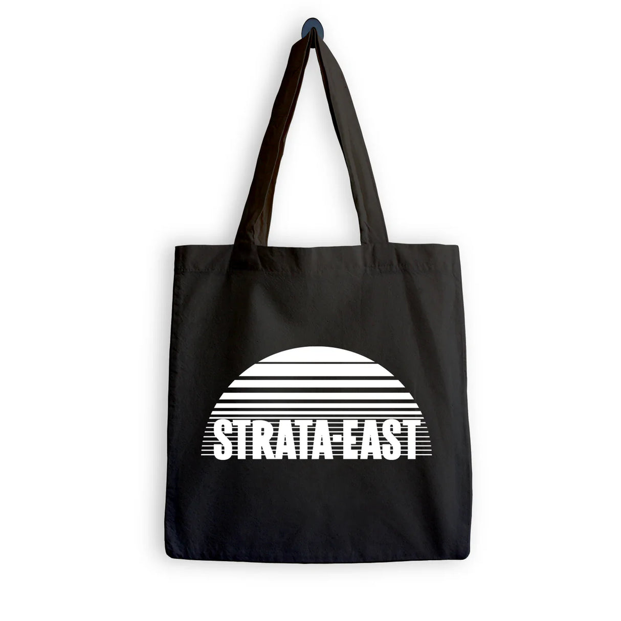 Black tote bag with 'STRATA-EAST' design on a white background