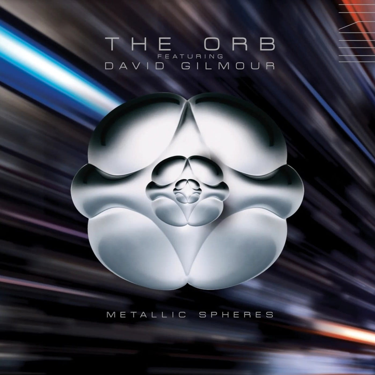 Album cover for 'Metallic Spheres' by The Orb featuring David Gilmour with a metallic sphere design.