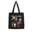 Black tote bag with 'Three 6 Mafia' graphic design on a white background