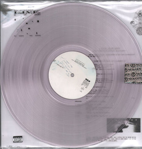 Clear vinyl record with label and text on a white background