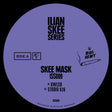 Vinyl record label with text and a smoking cigarette illustration on a purple background