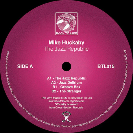 Vinyl record label for 'The Jazz Republic' by Mike Huckaby with 'Back to Life' logo.