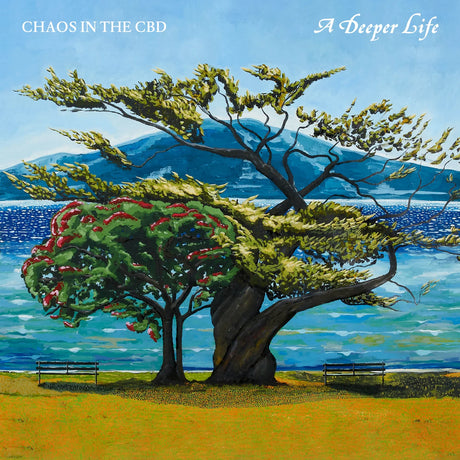Artistic depiction of a large tree with a bench under it, set against a blue sky and mountains.