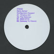 A white circular vinyl record label with purple printed text listing track information for 'Dario Zenker Configuration Support', photographed on a dark gray background.