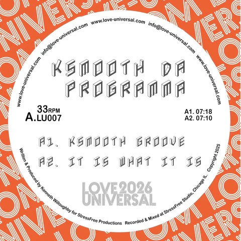 Vinyl record label with text and branding on an orange background