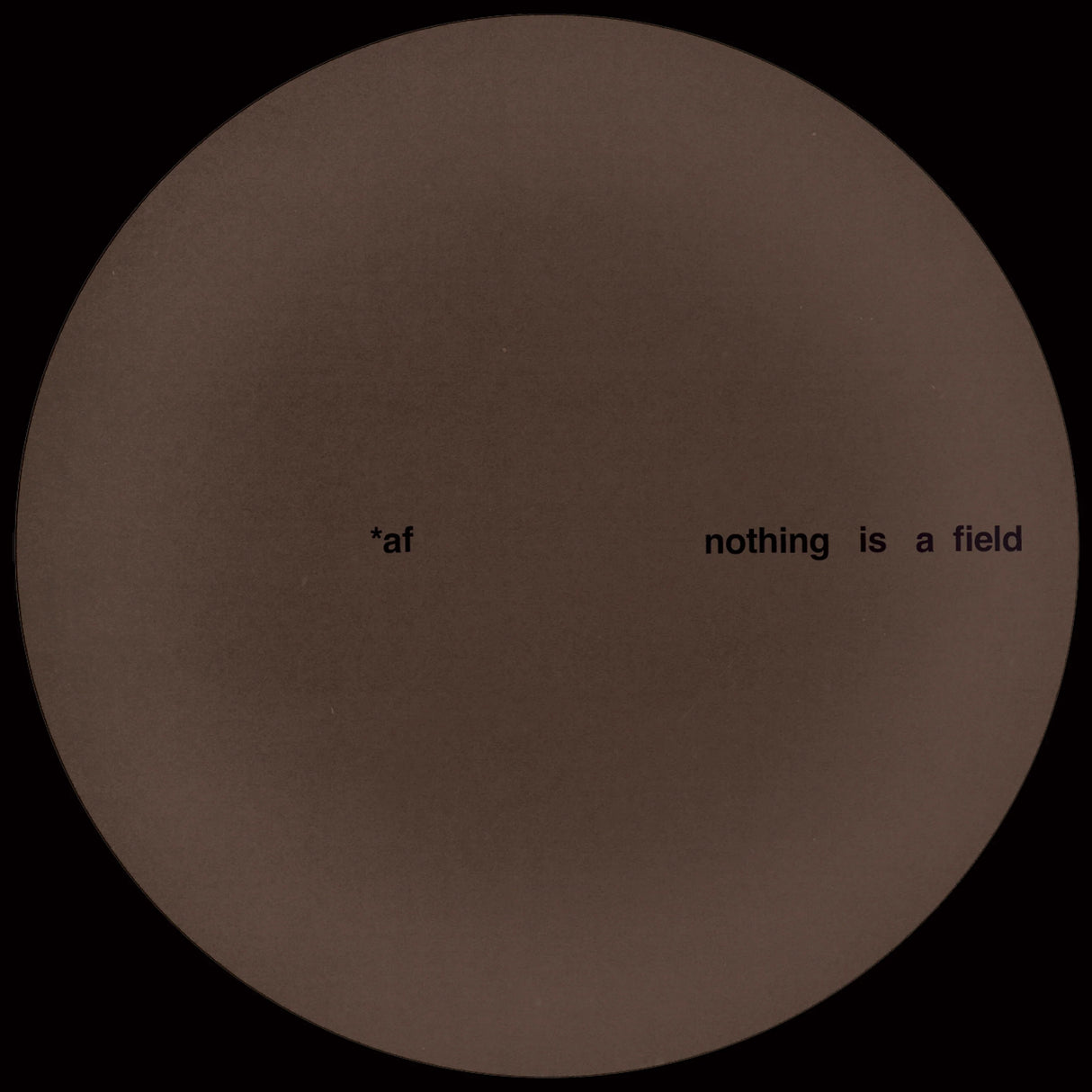 Brown circular object with text 'nothing is a field' on a black background