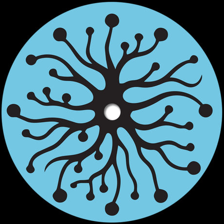 Black abstract design on a blue circle with a white center