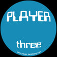 Circular blue logo with 'PLAYER three' text and Bandcamp URL on a black background