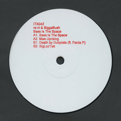 Vinyl record label with red text on a white disc against a black background