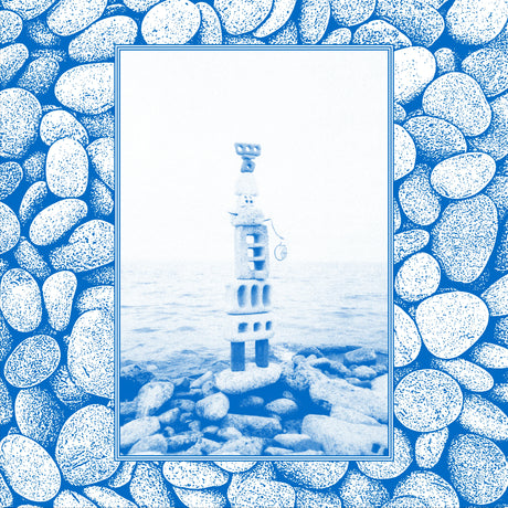 Lighthouse illustration on a blue and white stone pattern background