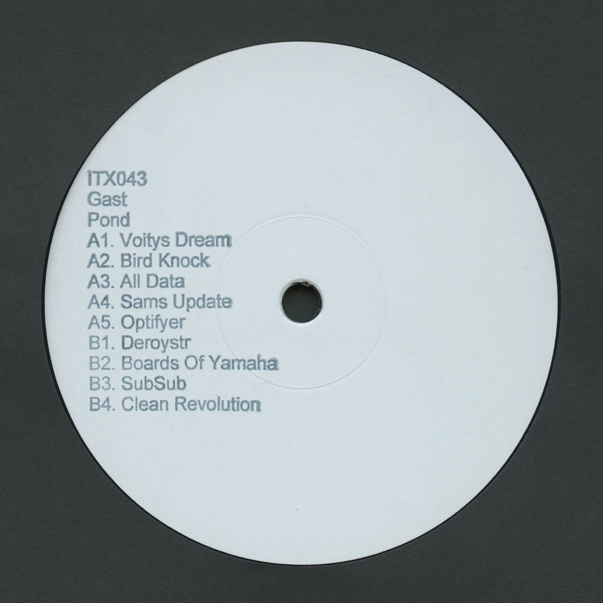 White vinyl record label with text on a black background