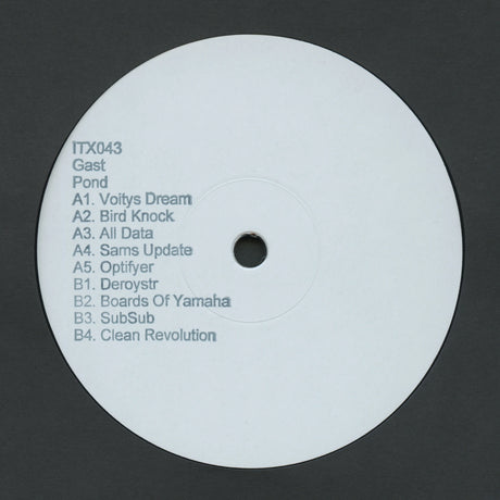 White vinyl record label with text on a black background