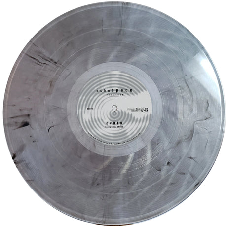 Clear vinyl record with text and branding on a white background