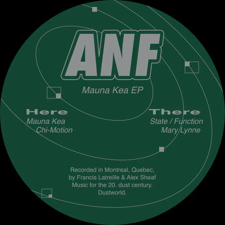 Green circular design with 'ANF' and track listings on a black background