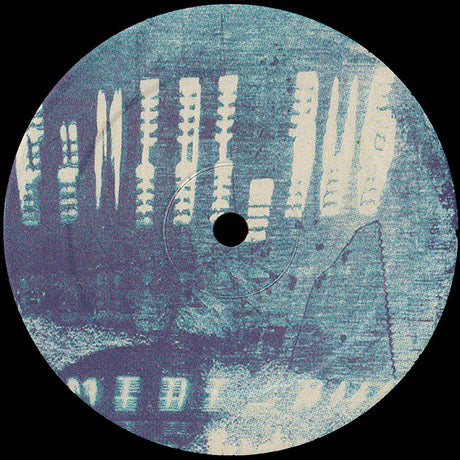 Round vinyl record with textured surface and central hole, featuring abstract patterns in blue and white.