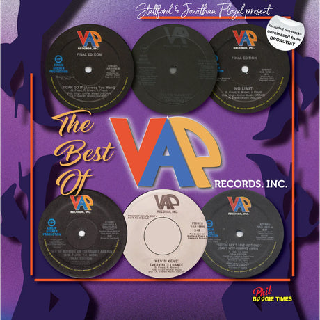 Promotional graphic for 'The Best of VAP Records, Inc.' with vinyl records and VAP Records branding on a purple background.
