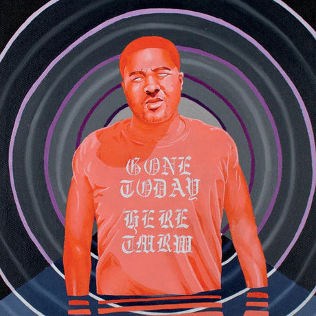 Person wearing a shirt with text against a concentric circle pattern