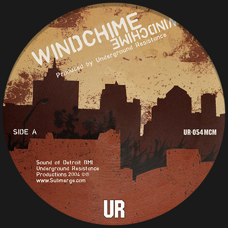 Vinyl record label with 'Windchime' and 'Underground Resistance' text, featuring a cityscape silhouette.