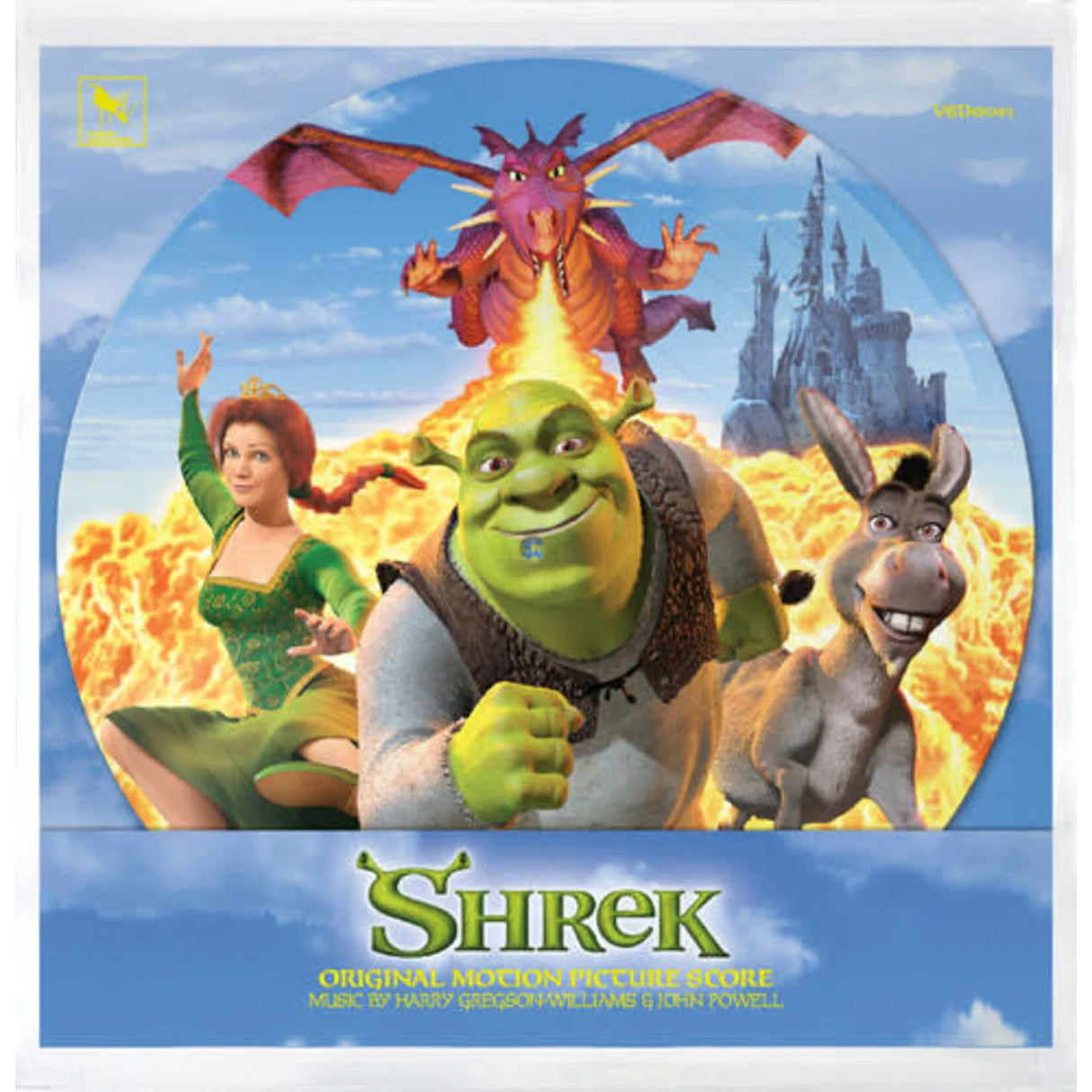Shrek Original Movie Picture Scroll album cover featuring Shrek, Princess Fiona, Donkey, and the dragon Sminch against a castle backdrop, with the title 'Shrek' at the bottom.