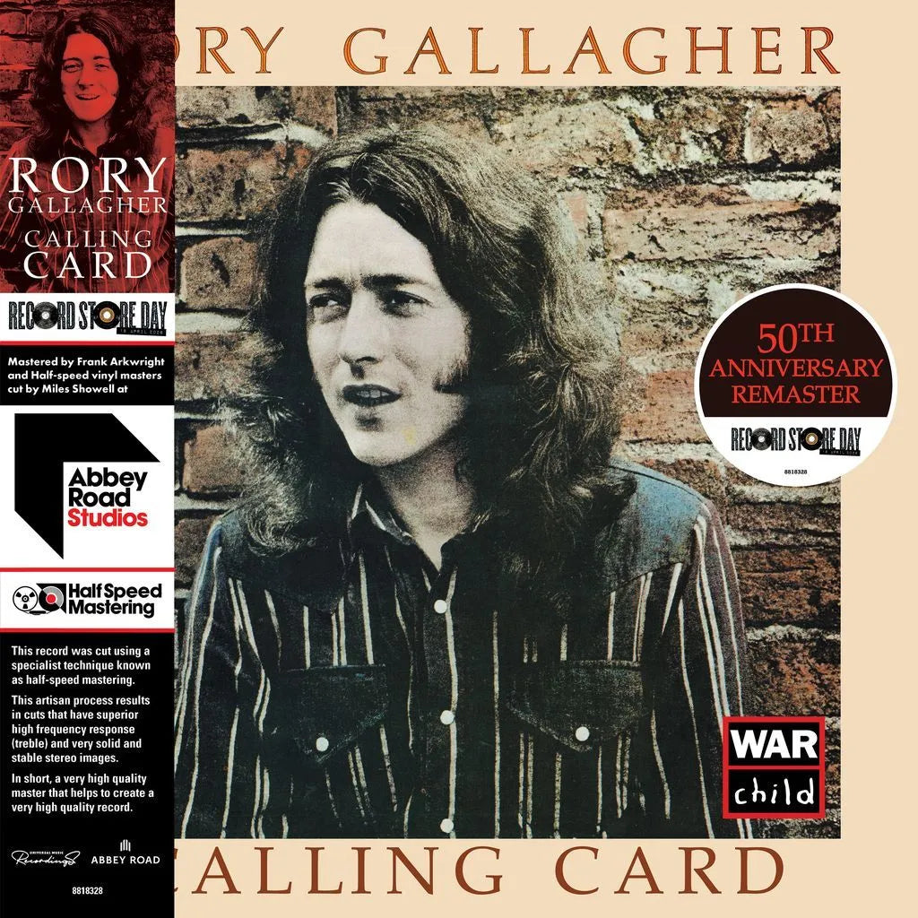 Album cover featuring a portrait of a person with text about Ry Gallagher's 'Alling Card' 50th anniversary remaster.