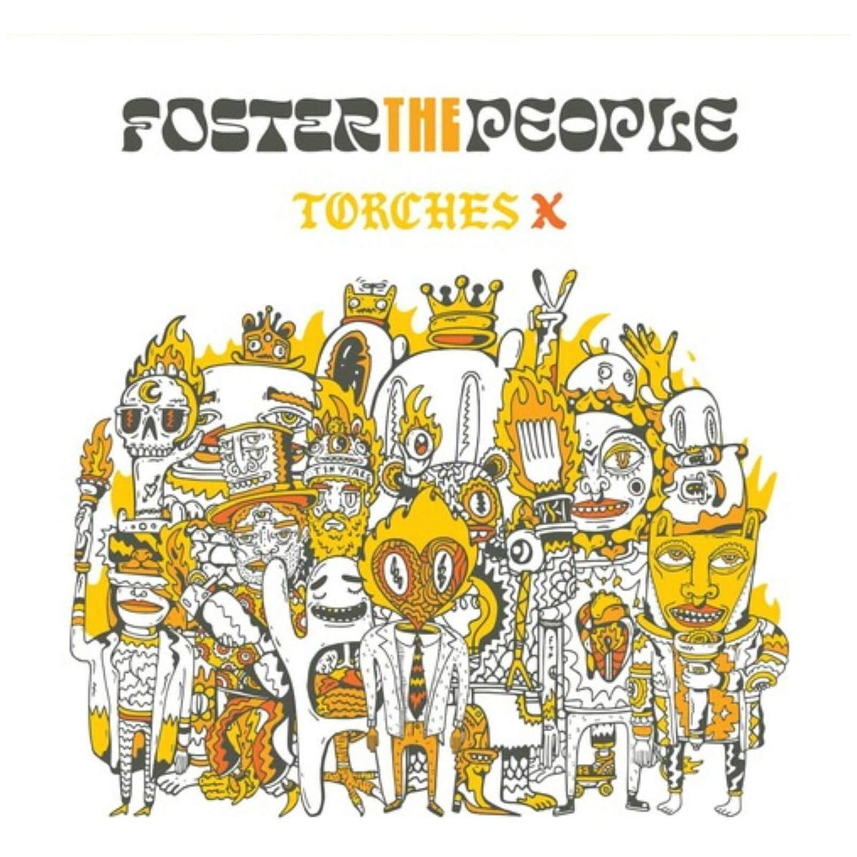 Album cover art for Foster The People - Torches featuring a colorful illustration of various characters.
