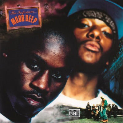 Album cover art for Mobb Deep's 'Infamous' featuring an image of the duo with a cityscape in the background, along with various smaller images depicting scenes related to the album's themes.