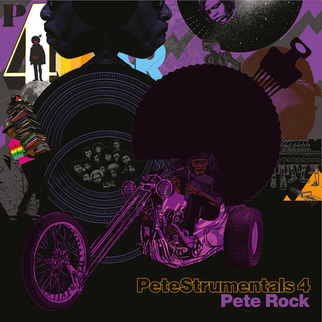 Record cover art for Pete Rock - PeteStrumentals 4 featuring a collage of abstract and representational images including a motorcycle, people, and musical instruments against a purple and black background.