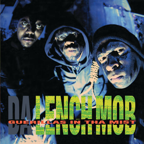 Album cover for Da Lench Mob - Guerillas In Tha Mist featuring three men wearing hooded sweatshirts in the foreground with the album title and band name prominently displayed.