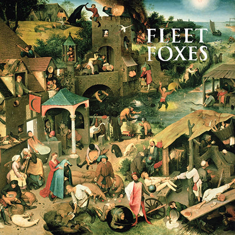 Album cover art for Fleet Foxes featuring a historical village scene with people engaging in various activities.