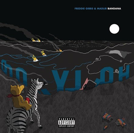 Album cover art for Freddie Gibbs and Madlib's Bandana LP featuring a stylized illustration with a zebra, a character resembling Freddie Gibbs, and various abstract shapes against a dark background with a moon and cityscape.