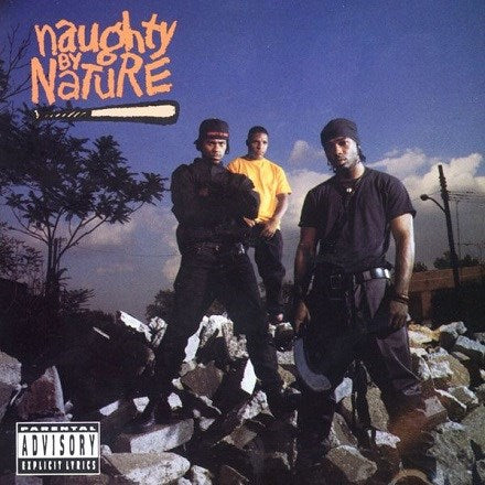 Cover art for Naughty By Nature 2LP featuring members of the band standing on debris with a blue and yellow splatter vinyl label.