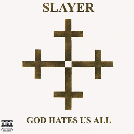This image features the album cover of "Slayer - God Hates Us All LP." The design is minimalistic and dark, with a central graphic of four intertwined crosses in a symmetrical pattern.
