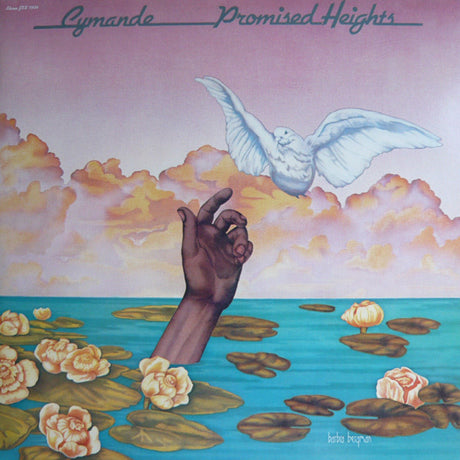 Album cover art for Cymande - Promised Heights featuring a hand extending towards a white dove with a background of clouds, flowers, and a sunset.