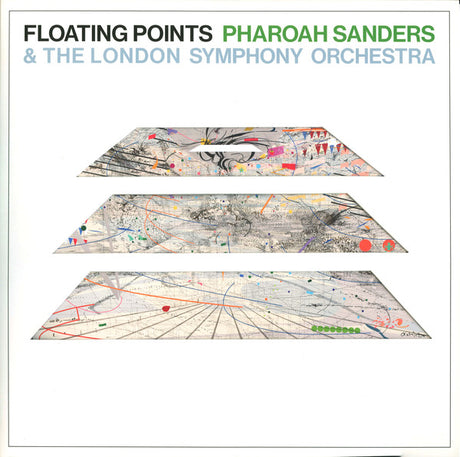 Album cover art featuring abstract multicolored designs on a white background with text that reads 'FLOATING POINTS PHAROAH SANDERS & THE LONDON SYMPHONY ORCHESTRA'.