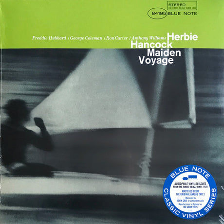 Herbie Hancock - Maiden Voyage LP record cover featuring a monochrome photograph of a person by the sea with the Blue Note label and product details.