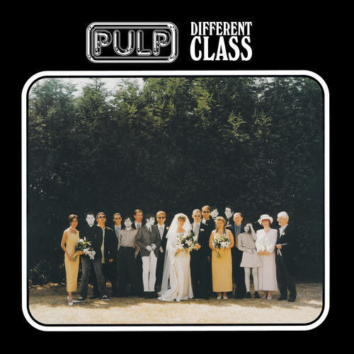 Album cover for Pulp - Different Class featuring a group photo of the band members in a forest setting.