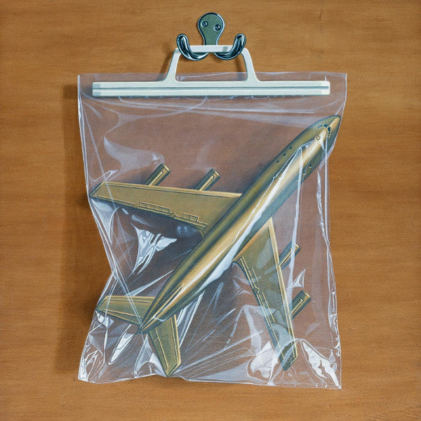 A clear plastic bag containing a gold-colored model airplane, displayed on a wooden surface.
