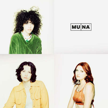 Three different images of three individuals who are part of the band MUNA. They are shown wearing various outfits, including a green sweater, a yellow shirt, and an orange swimsuit, against a white background with the MUNA logo at the top.