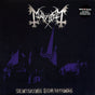 This image features the album cover for "De Mysteriis Dom Sathanas" by the band Mayhem. The cover art is strikingly atmospheric, depicting an old, dark building under a night sky with a prominent, gothic-style font displaying the band's name and the album title.