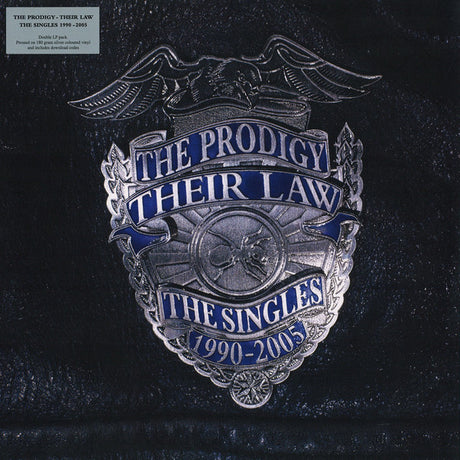 Album cover for The Prodigy - Their Law: The Singles 1990-2005 featuring a stylized logo with text and decorative elements.