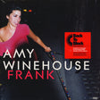 Amy Winehouse album cover for 'Frank LP' featuring a black and white photo of the artist with a red and white label in the center.