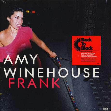 Amy Winehouse album cover for 'Frank LP' featuring a black and white photo of the artist with a red and white label in the center.