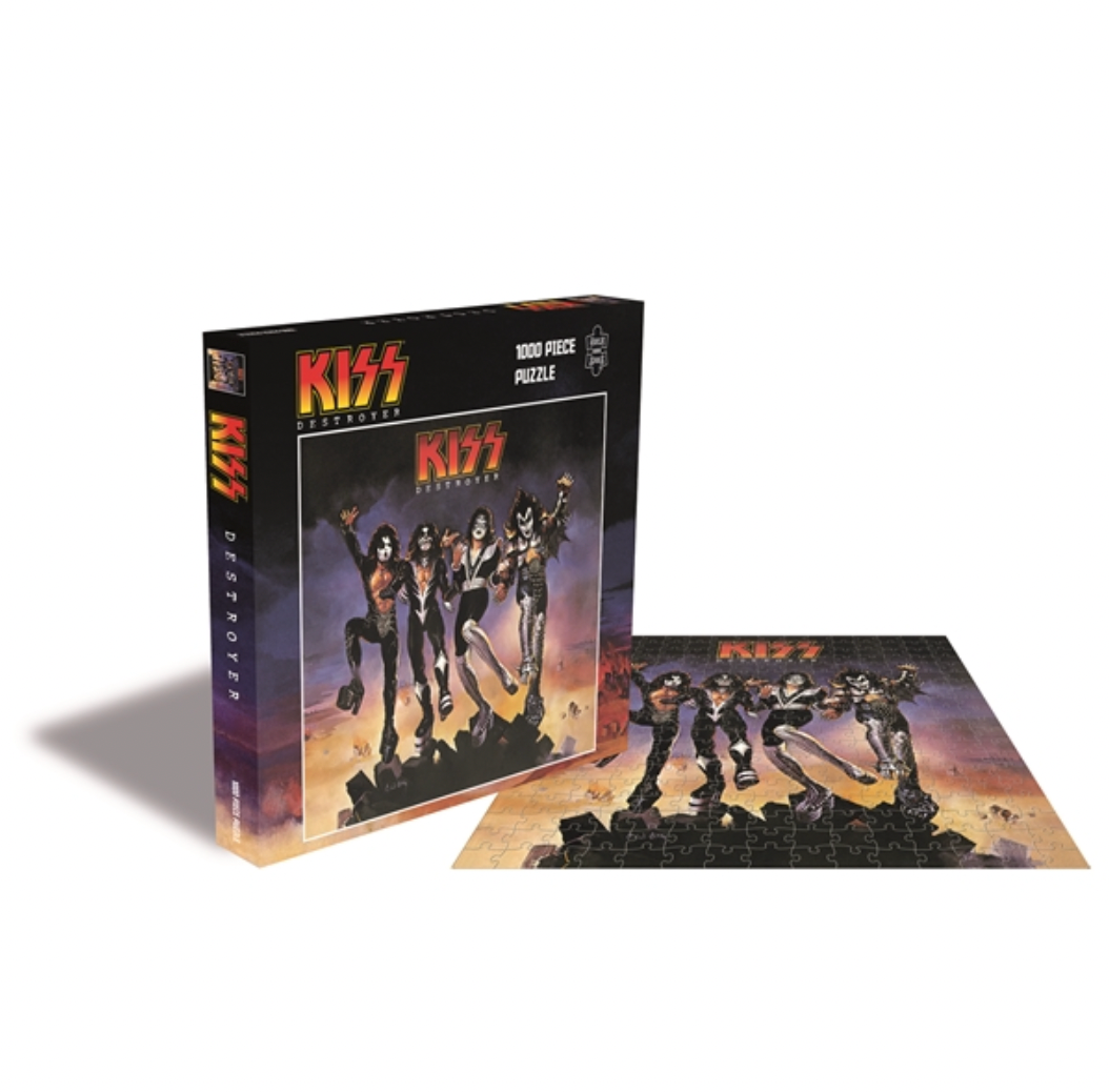 A 1000-piece jigsaw puzzle box featuring the cover art of an American rock band Kiss with the album name 'Destroyer' written on it.