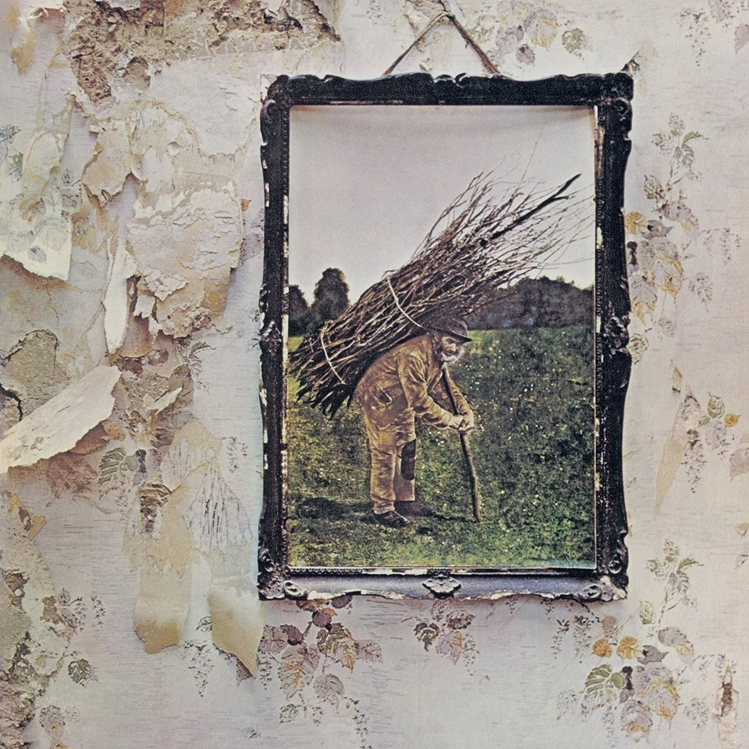 Album cover of Led Zeppelin - IV LP featuring a man carrying sticks on his shoulders, with a rustic frame and a weathered wall in the background.