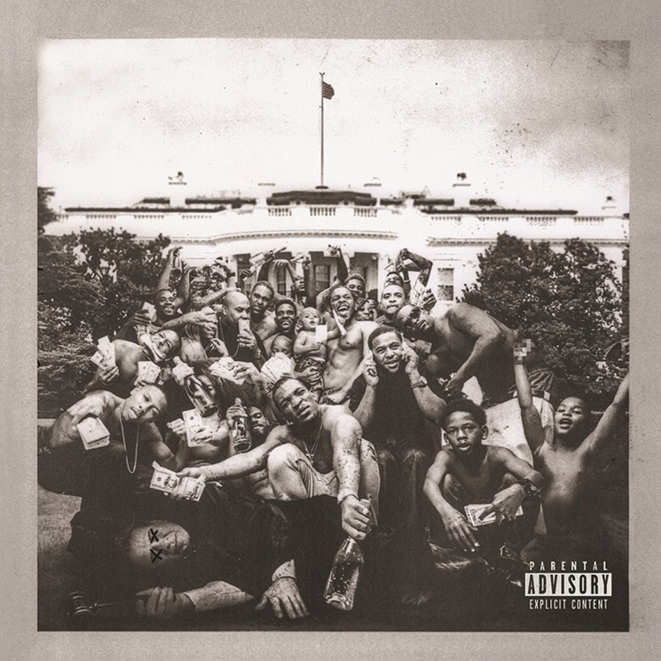 Black and white album cover featuring a group of individuals in front of a building, with a flag on the roof. The image has a grainy texture and appears to be taken in a urban setting.