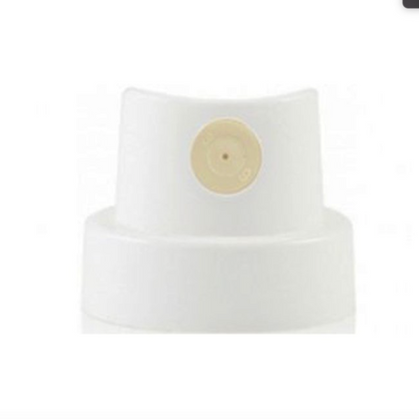 White spray paint cap with beige dot for spraying skinny lines. 