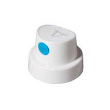 A white spray paint cap with a blue dot for spraying medium sized paint lines.