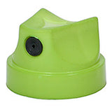 A green spray paint cap with black dot for spraying fat paint lines. 