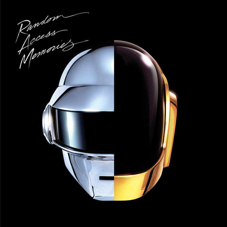 Daft Punk's album 'Random Access Memories' cover art featuring a stylized headphones design with a gradient color transition from silver to gold.