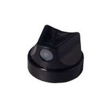 Black spray paint cap with transparent dot for spraying thin lines. 